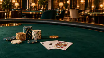 Cards and chips on an emerald table