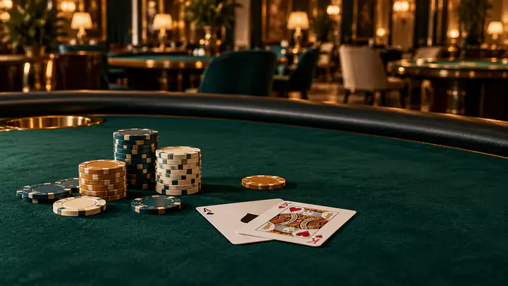 Cards and chips on an emerald table