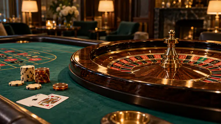A roulette wheel and playing cards