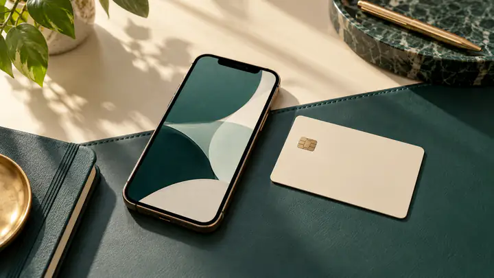 A smartphone and payment card on a desk